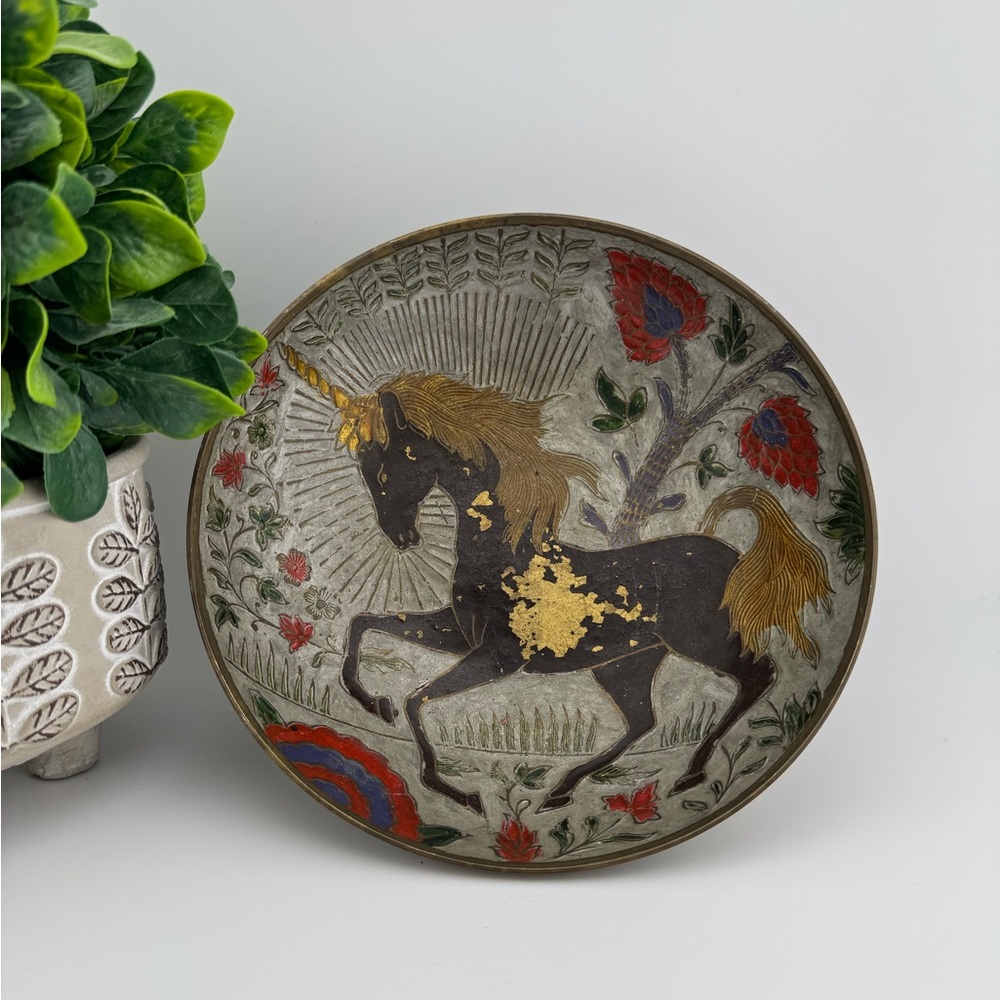 VTG Enesco Solid Brass Unicorn Footed Bowl 7.25” Wide  2 in high 1960’s